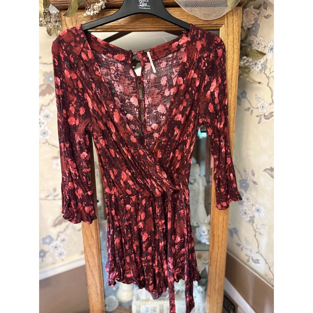 Free People Floral Romper Bell Sleeve Wrap‎ Tie XS Cottagecore Resortwear